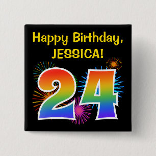 Fun Fireworks + Rainbow Pattern "24" Birthday # 2 Inch Square Button