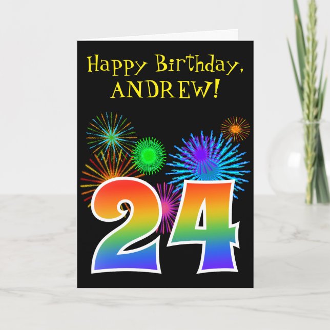 Fun Fireworks + Rainbow Pattern "24" Birthday # Card (Front)