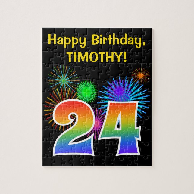 Fun Fireworks + Rainbow Pattern "24" Birthday # Jigsaw Puzzle (Vertical)