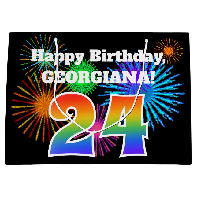 Fun Fireworks + Rainbow Pattern "24" Birthday # Large Gift Bag (Front)