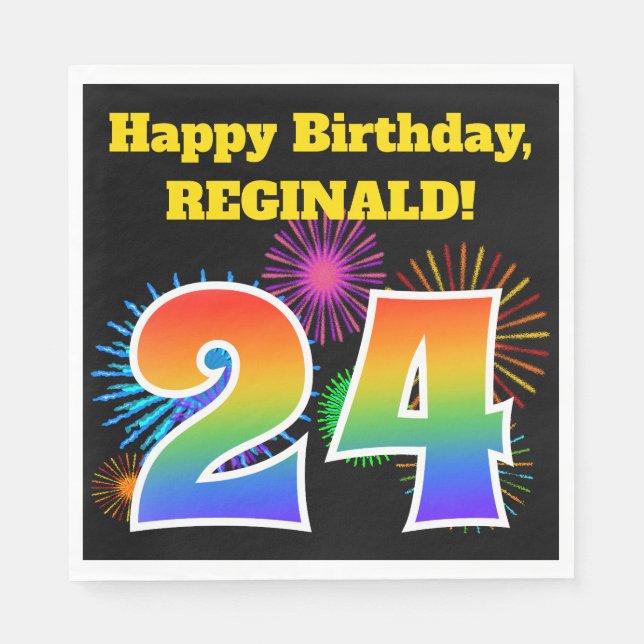 Fun Fireworks + Rainbow Pattern "24" Birthday # Napkin (Front)
