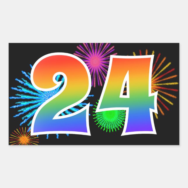 Fun Fireworks + Rainbow Pattern "24" Event Number Sticker (Front)