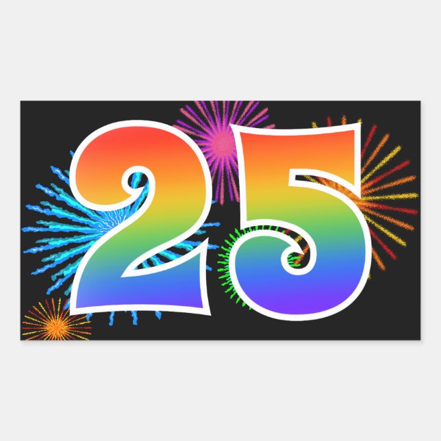 Fun Fireworks + Rainbow Pattern "25" Event Number Sticker (Front)