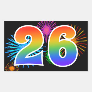Fun Fireworks + Rainbow Pattern "26" Event Number Sticker