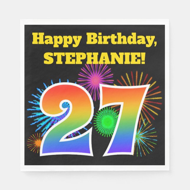 Fun Fireworks + Rainbow Pattern "27" Birthday # Napkin (Front)