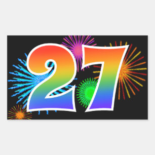 Fun Fireworks + Rainbow Pattern "27" Event Number Sticker
