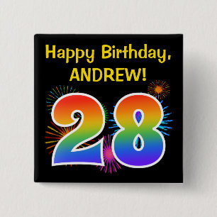 Fun Fireworks + Rainbow Pattern "28" Birthday # 2 Inch Square Button