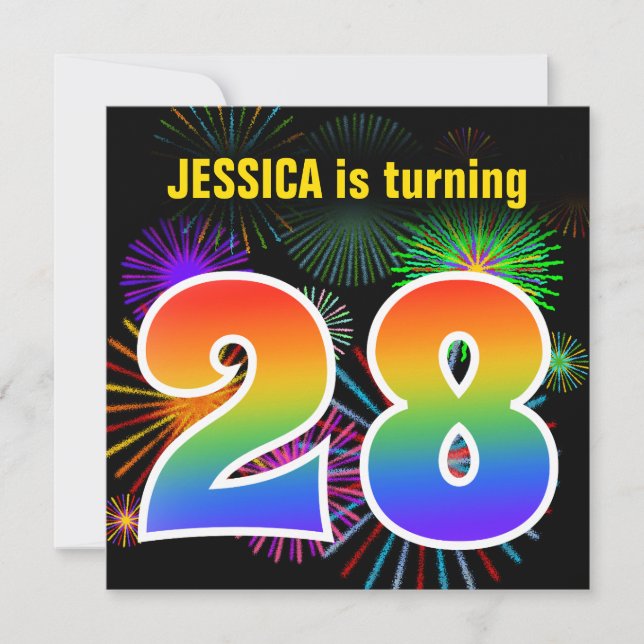 Fun Fireworks + Rainbow Pattern "28" Birthday # Invitation (Front)