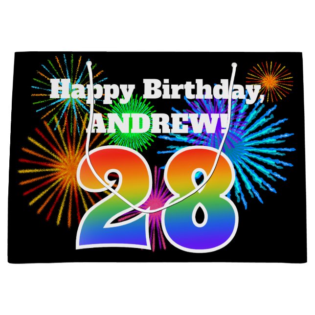 Fun Fireworks + Rainbow Pattern "28" Birthday # Large Gift Bag (Front)