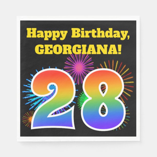 Fun Fireworks + Rainbow Pattern "28" Birthday # Napkin (Front)
