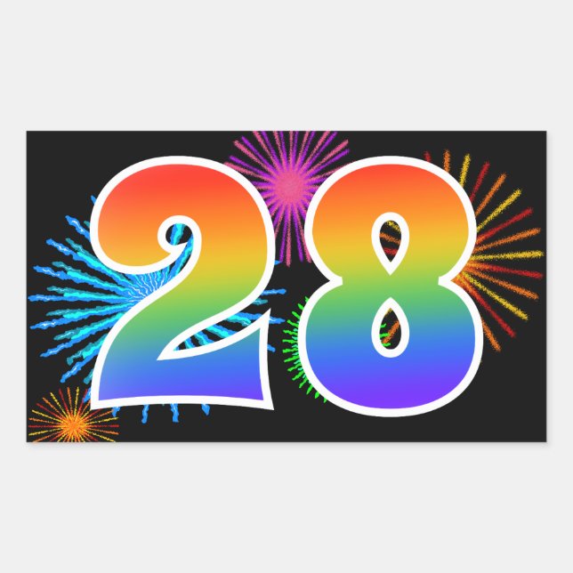 Fun Fireworks + Rainbow Pattern "28" Event Number Sticker (Front)