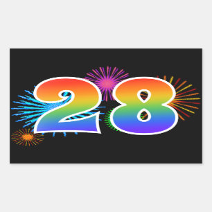 Fun Fireworks + Rainbow Pattern "28" Event Number Sticker