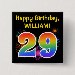 Fun Fireworks + Rainbow Pattern "29" Birthday # 2 Inch Square Button