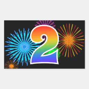 Fun Fireworks + Rainbow Pattern "2" Event Number Sticker