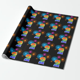 Fun Fireworks + Rainbow Pattern "2" Event Number Wrapping Paper