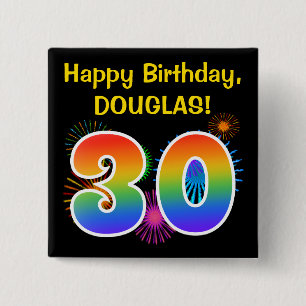 Fun Fireworks + Rainbow Pattern "30" Birthday # 2 Inch Square Button
