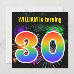 Fun Fireworks + Rainbow Pattern "30" Birthday # Invitation