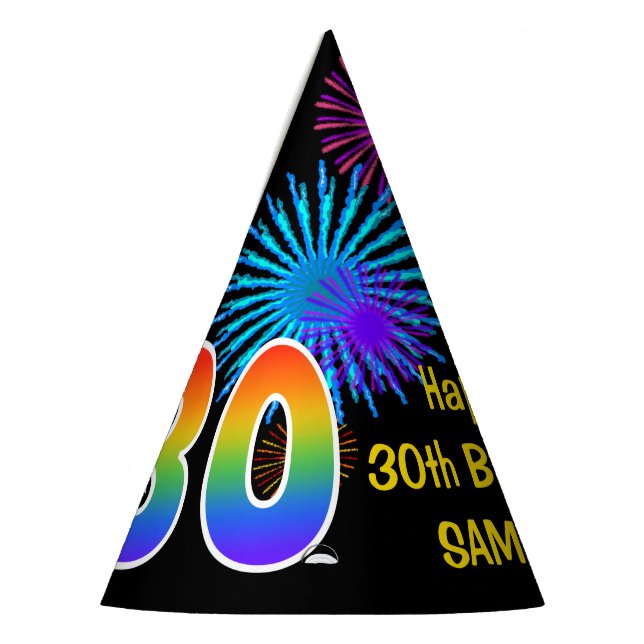 Fun Fireworks + Rainbow Pattern "30" Birthday # Party Hat (Left)