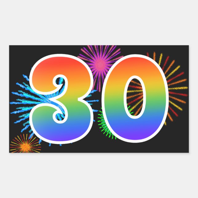 Fun Fireworks + Rainbow Pattern "30" Event Number Sticker (Front)