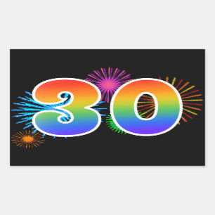 Fun Fireworks + Rainbow Pattern "30" Event Number Sticker