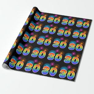Fun Fireworks + Rainbow Pattern "30" Event Number Wrapping Paper