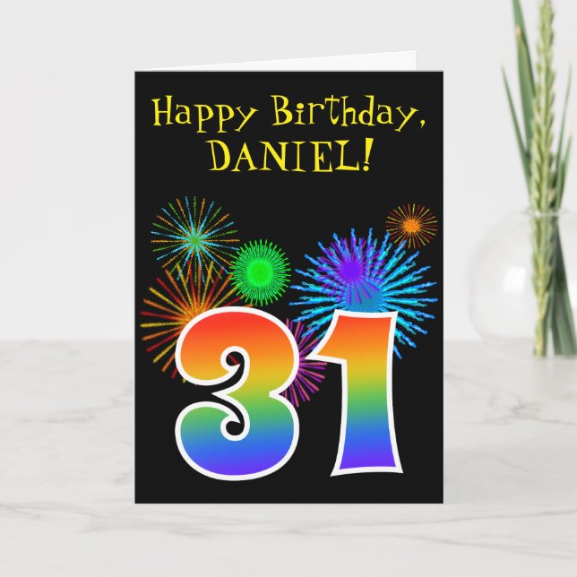 Fun Fireworks + Rainbow Pattern "31" Birthday # Card (Front)