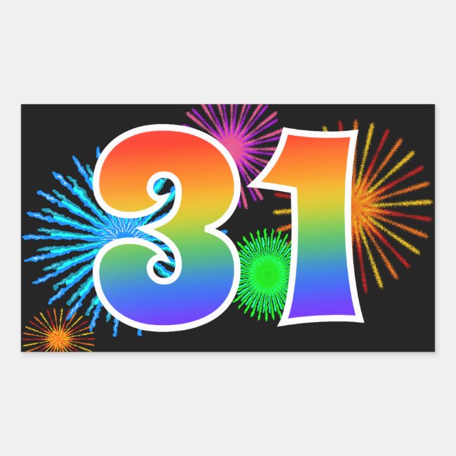 Fun Fireworks + Rainbow Pattern "31" Event Number Sticker (Front)