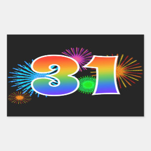 Fun Fireworks + Rainbow Pattern "31" Event Number Sticker