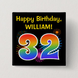 Fun Fireworks + Rainbow Pattern "32" Birthday # 2 Inch Square Button
