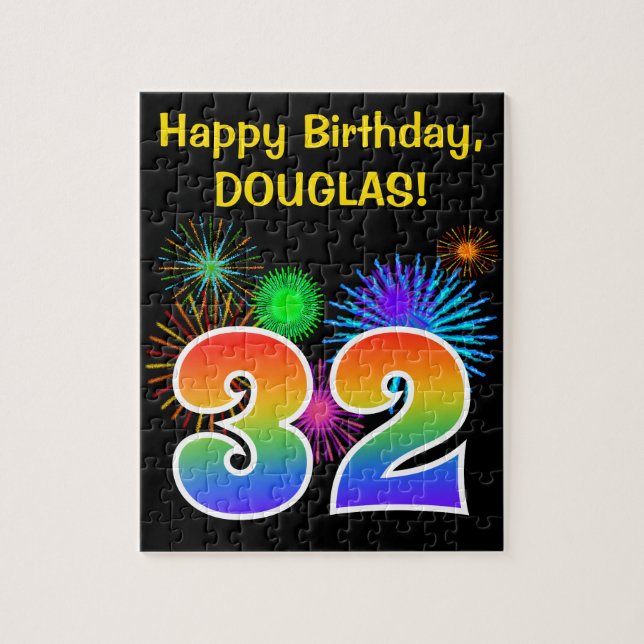 Fun Fireworks + Rainbow Pattern "32" Birthday # Jigsaw Puzzle (Vertical)