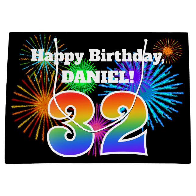 Fun Fireworks + Rainbow Pattern "32" Birthday # Large Gift Bag (Front)