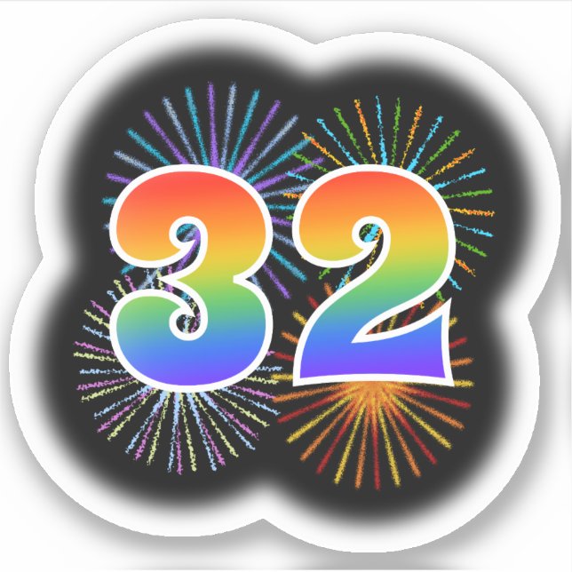 Fun Fireworks + Rainbow Pattern "32" Event # (Front)