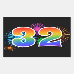 Fun Fireworks + Rainbow Pattern "32" Event Number Sticker