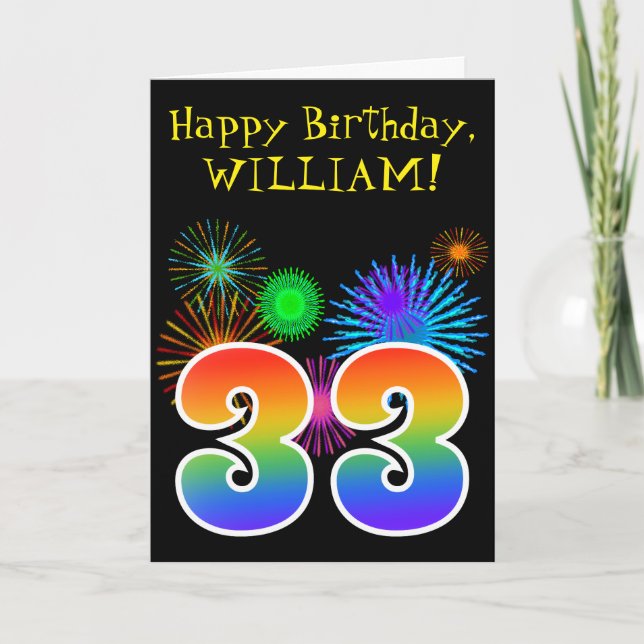 Fun Fireworks + Rainbow Pattern "33" Birthday # Card (Front)