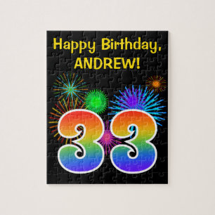 Fun Fireworks + Rainbow Pattern "33" Birthday # Jigsaw Puzzle
