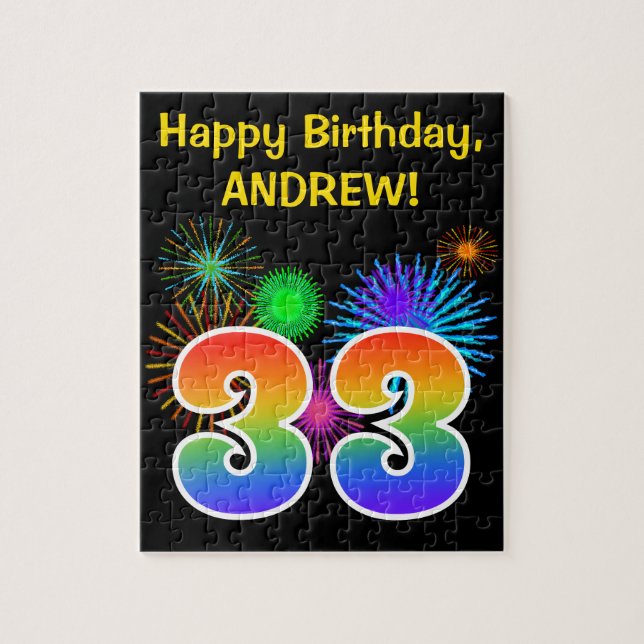 Fun Fireworks + Rainbow Pattern "33" Birthday # Jigsaw Puzzle (Vertical)