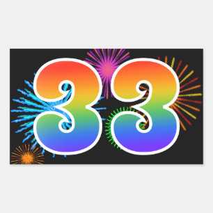 Fun Fireworks + Rainbow Pattern "33" Event Number Sticker