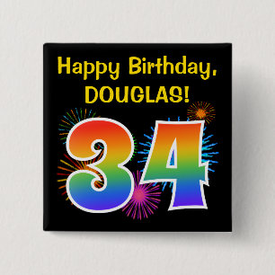 Fun Fireworks + Rainbow Pattern "34" Birthday # 2 Inch Square Button