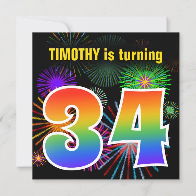 Fun Fireworks + Rainbow Pattern "34" Birthday # Invitation (Front)