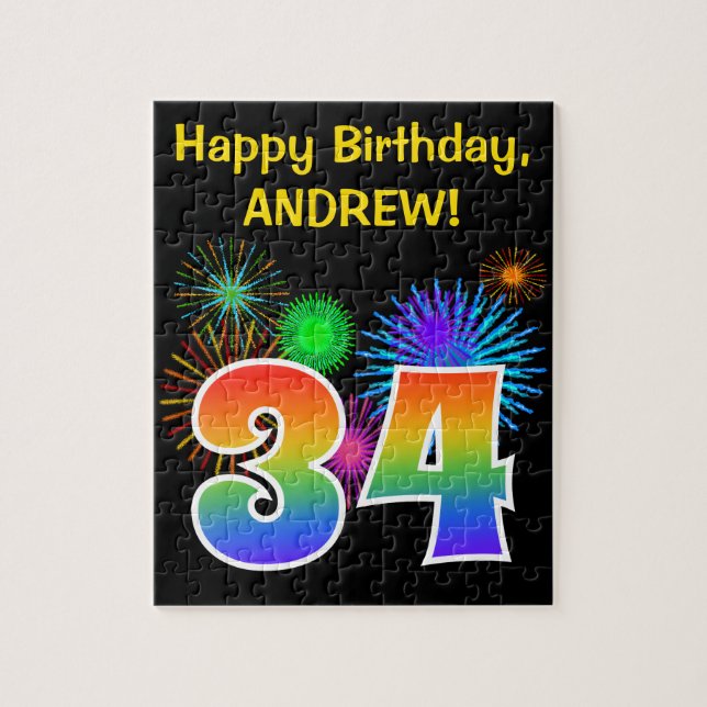 Fun Fireworks + Rainbow Pattern "34" Birthday # Jigsaw Puzzle (Vertical)