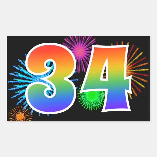 Fun Fireworks + Rainbow Pattern "34" Event Number Sticker (Front)