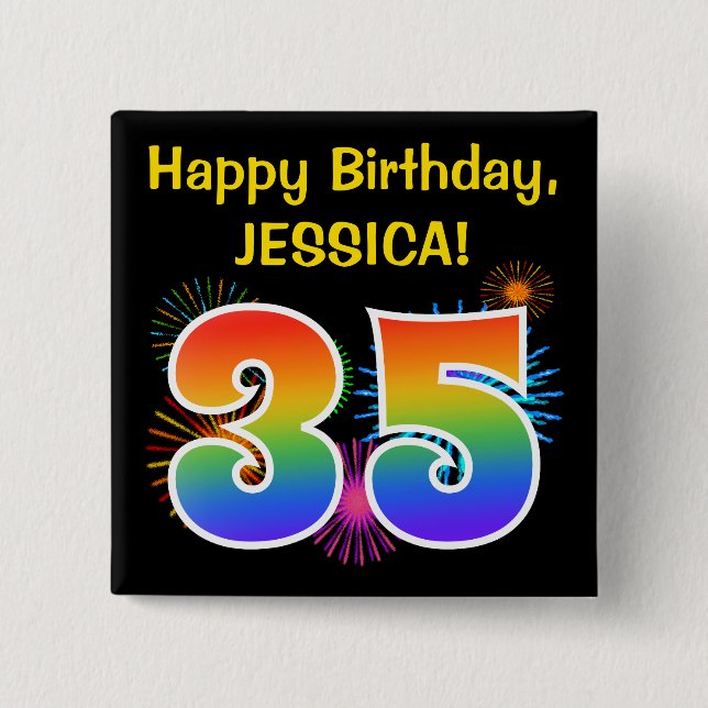 Fun Fireworks + Rainbow Pattern "35" Birthday # 2 Inch Square Button (Front)