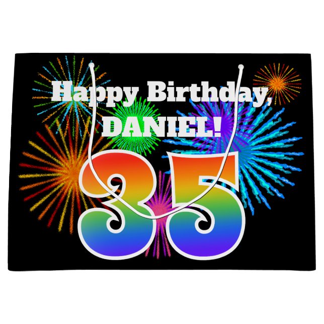 Fun Fireworks + Rainbow Pattern "35" Birthday # Large Gift Bag (Front)