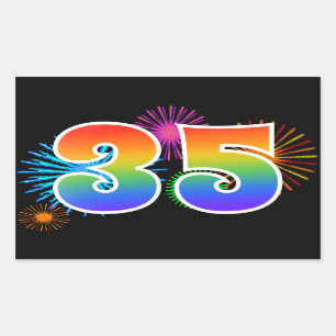 Fun Fireworks + Rainbow Pattern "35" Event Number Sticker