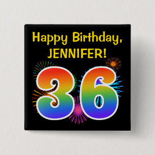 Fun Fireworks + Rainbow Pattern "36" Birthday # 2 Inch Square Button