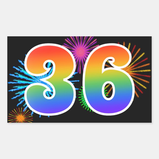 Fun Fireworks + Rainbow Pattern "36" Event Number Sticker (Front)