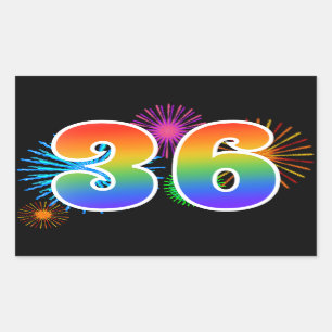 Fun Fireworks + Rainbow Pattern "36" Event Number Sticker