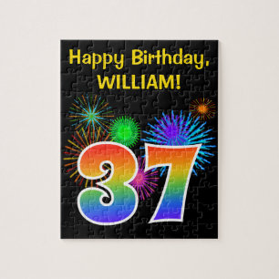 Fun Fireworks + Rainbow Pattern "37" Birthday # Jigsaw Puzzle