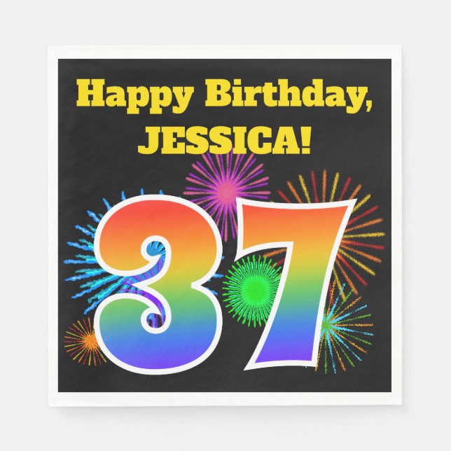 Fun Fireworks + Rainbow Pattern "37" Birthday # Napkin (Front)