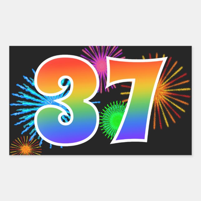 Fun Fireworks + Rainbow Pattern "37" Event Number Sticker (Front)